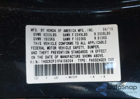 2015 Honda Accord Lx z USA, uszkodzony, nr VIN 1HGCR2F31FA158304